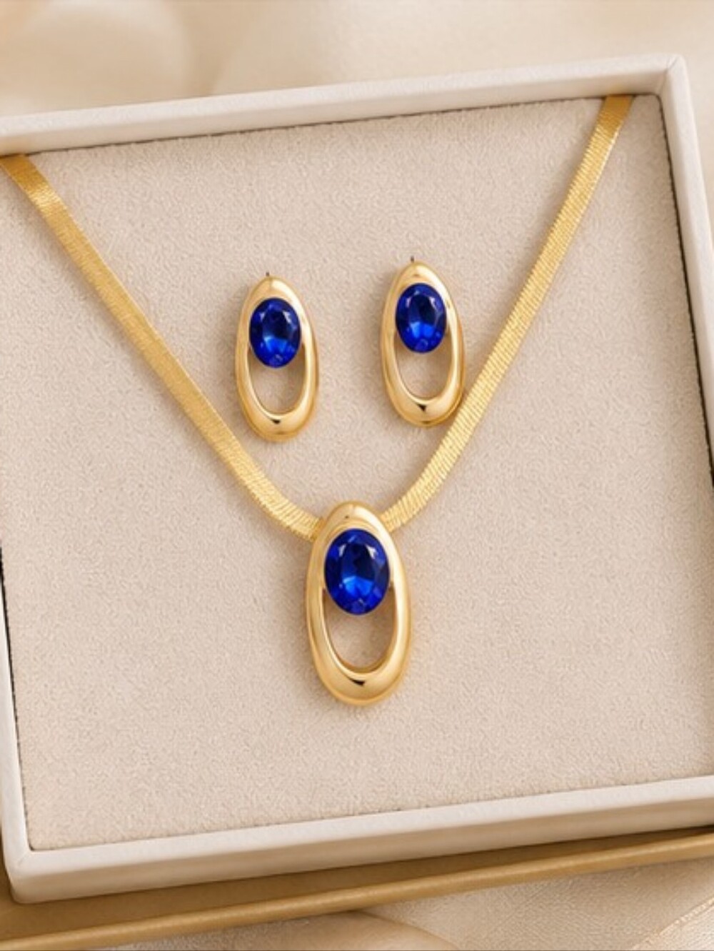 Gold-Plated Necklace & Earrings Set with Royal Blue Stones